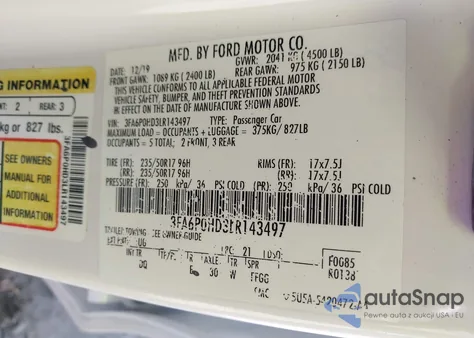 2020 Ford Fusion Se z USA, uszkodzony, nr VIN 3FA6P0HD3LR143497